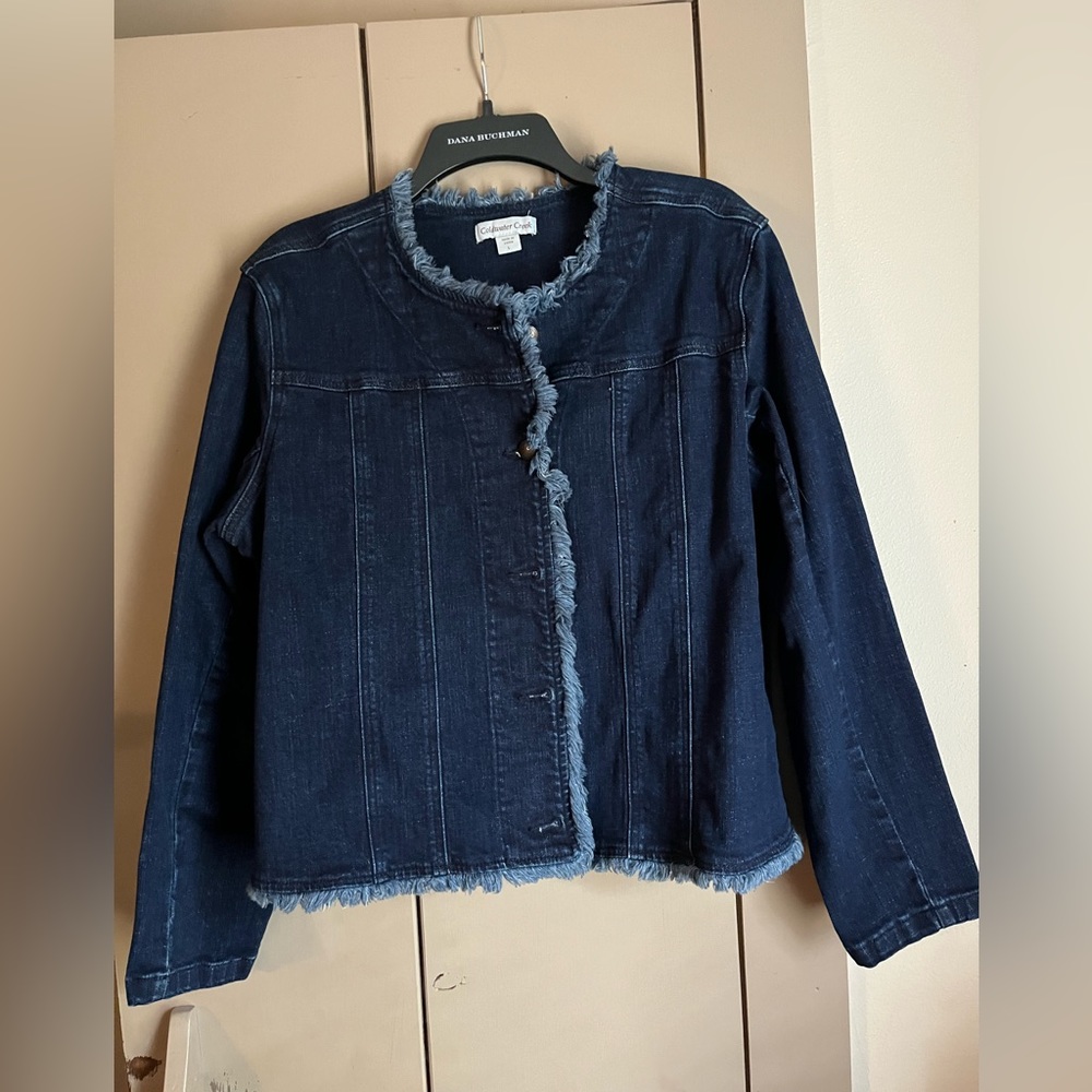 Coldwater Creek denim rough fringe jacket. Rarely worn. Size L